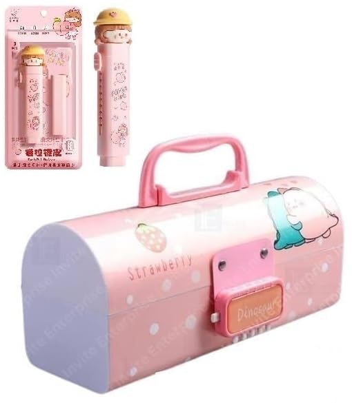 Image of WORSHIPER New Cartoon Theme Pencil Box with Push Pull Eraser Set for Kids | Suitcase Style Password Lock Stationery Organizer | School Supplies Gift Combo for Boys & Girls (Dino Pink + Eraser)