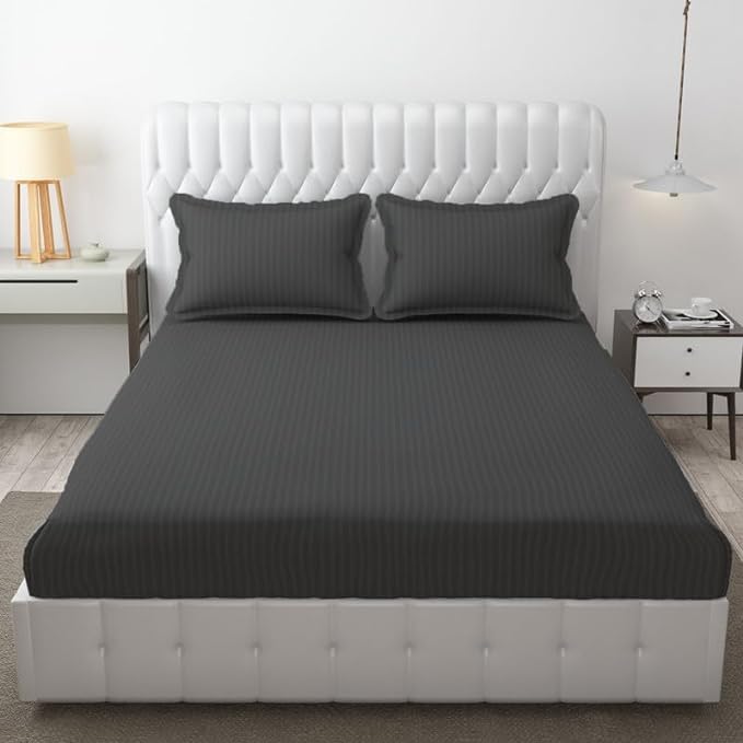 Image of DECOR2ADMIRE 300 TC Premium Glace Cotton All Round Elastic Fitted Plain Stripe Pastel Shades Queen Size Bedsheet with 2 Pillow Covers (Dark Grey, Queen 90 inch x 100 inch)