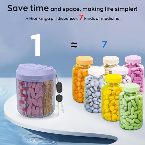 Image of Hionxmga Pill Dispenser with 7 Large Compartments, 4.4 inch H x 3.6 inch Dia Pill Organizer for Travel, Supplement Organizer with Anti-Mixing Design, BPA-Free Pill Container with 20 Pcs Labels, Black+ Purple