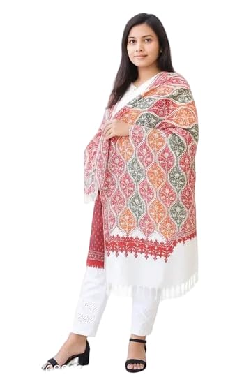 Kashmir Embroidered, Poly Acralic Wool 28"X80" Traditional Ari Embroidery Shawl/Stoles for Women,Ladies,Girls White stole_07-image-27