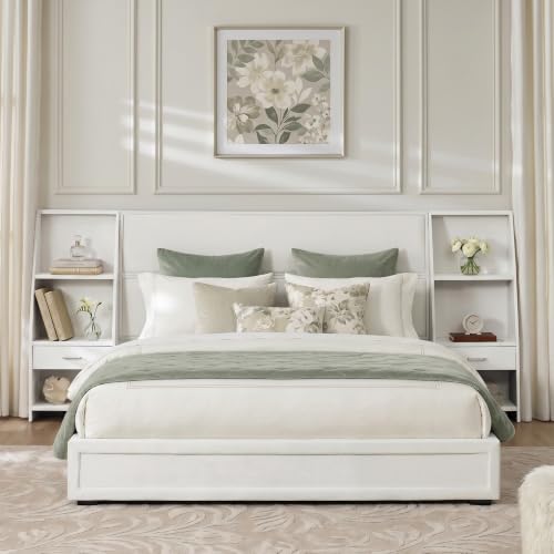 KEIKI King Size Velvet Platform Bed Frame with 2 Built-in Storage Nightstands & Shelves, Oversized Headboard Upholstered Bedroom Bed Set, Wood Floor Grounded Bed, Modern, No Box Spring Needed, Beige