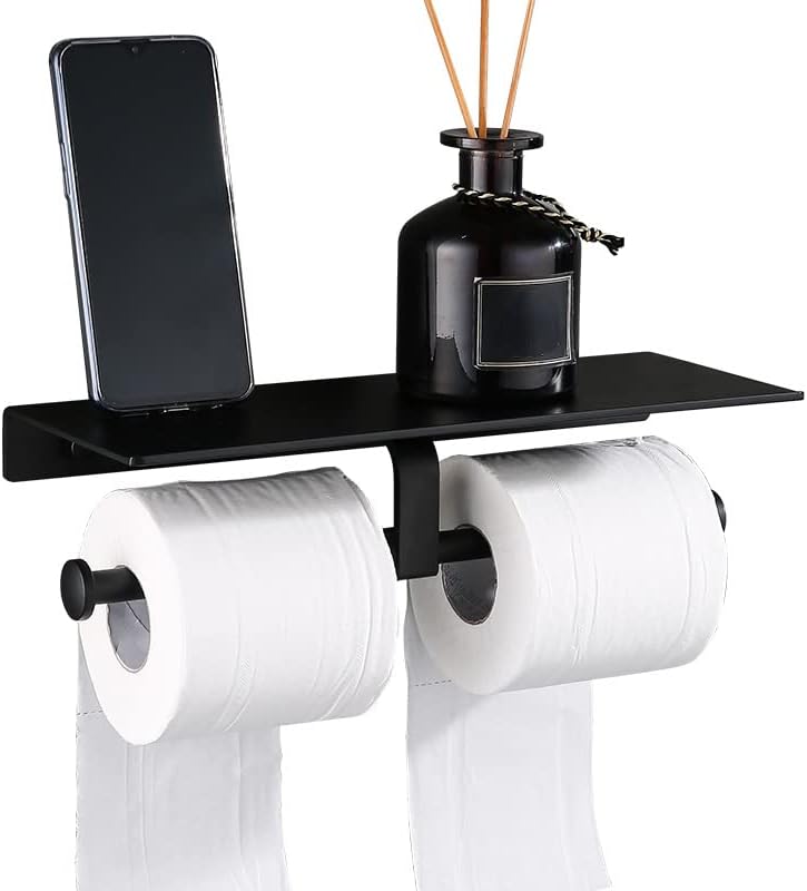 Engedi Dual Toilet Roll Holder Wall Mounted Toilet Paper Holder Bathroom Roll Holder with Phones/Wipes Storage Rack Self Adhesive No Drilling for All Kinds of Toilet Paper (Black)