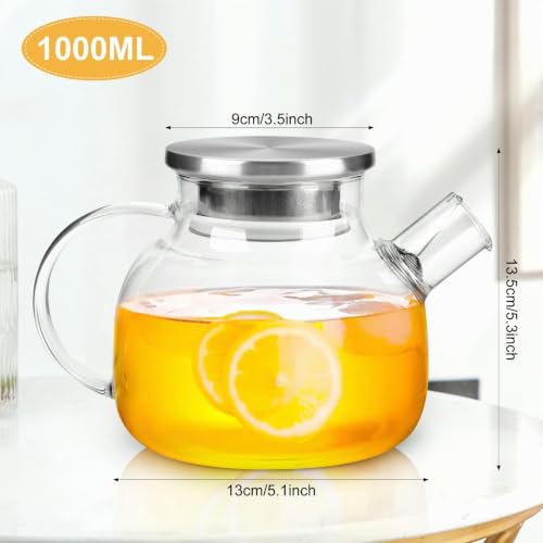 Foto von UKOFEW 1L Teekanne Glas, Transparente Glasteekanne mit Siebeinsatz, Teekanne Glas 1 Liter mit Deckel, Klar, Hitzebeständig, mit Herausnehmbarem Filter, für Tee, Blumentee und Saft (1000ML)