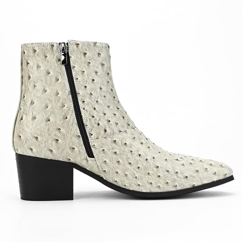 Image of Men'S Classic Leather Chunky Heel Chelsea Boots With Side Zipper Fashion Pointed Toe Elastic Band High Top Block High Heel Formal Chukka Booties For Casual Business Party Wedding