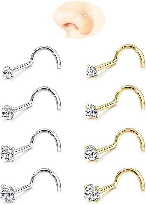Nose Rings Studs: 8Pcs 20G/18G Gold/Silver 316L Surgical Stainless Steel Nose Studs Hypoallergenic Corkscrew Nose Piercing Stud Jewelry for Women Men Clear Cubic Zirconia Imitation Diamond Top Size 1.5mm 2mm 2.5mm 3mm