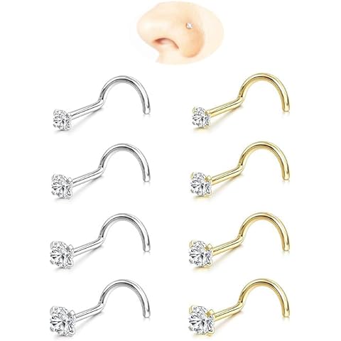 Nose Rings Studs: 8Pcs 20G/18G Gold/Silver 316L Surgical Stainless Steel Nose Studs...