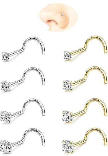Nose Rings Studs: 8Pcs 18G Gold/Silver 316L Surgical Steel Nose Studs Hypoallergenic Corkscrew Nose Piercing Stud Jewelry for Women Men Clear Cubic Zirconia Imitation Diamond 1.5mm 2mm 2.5mm 3mm