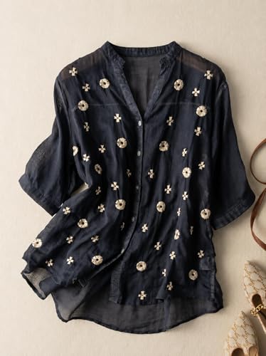 Image of RIEKA Womens Floral Applique Embroidered Fancy Top with Mandarin Collar Button Down Front Half Sleeves Relaxed Fit Casual Tunic Top for Women
