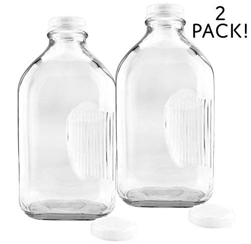 2-Quart Glass Milk Bottles w/Side Grip (2-Pack); Clear Glass Rectangular Vintage Style Half Gallon Jugs Great for Storing Milk, Juice & Water in Fridge, Includes Extra Lids (2)