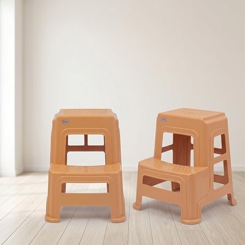 Image of Oaknest Supreme Multipurpose Plastic 2-Step Stool for Kids & Adults - Anti-Slip Lightweight Stepping Stool for Kitchen, Bathroom & Home - Amber Gold, 2 Piece