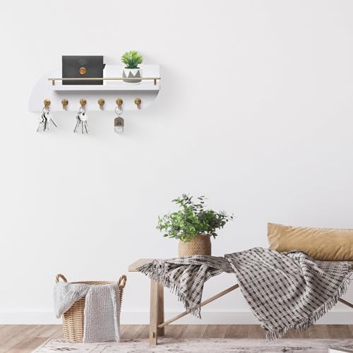 Key Holder for Wall, Decorative Key and Mail Organizer with 6 Sturdy Metal Hooks and Floating Shelf, 14 Inches Wood Wall Mounted Key Rack for Entryway, White and Gold - Image 3
