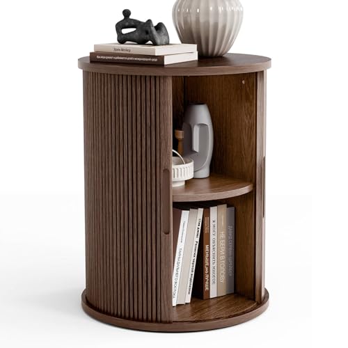 LINSY HOME Round Fluted End Table, Tall Side Table with Sliding Tambour Door and Storage Shelf, Modern Bedside Table, Mid-Century Nightstand for Living Room, Bedroom, Walnut
