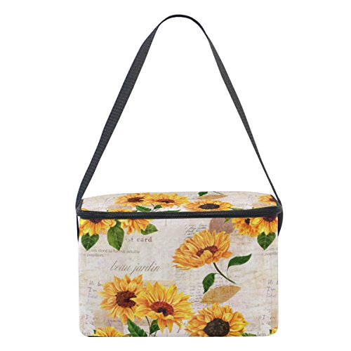 Naanle Vintage Sunflower Insulated Canvas Zipper Lunch Bag Cooler Tote Bag For Adult Teens Girls Boys Men Women, Floral Sunflower Long Strap Lunch Boxes Lunchboxes Meal Prep Handbag #TOP2