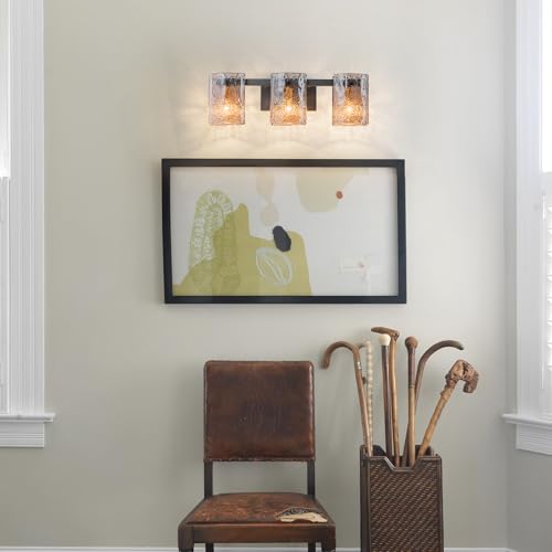 Image of EDISLIVE Vintage Bathroom Vanity Light Black 3-Light Bath Wall Light Fixture with Ripple Block Shades Glass 23.6 inch E12 Antique Wall Sconce for Bedroom Hallway Living Room Vanity Mirror