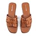 Lookyno Flat Sandals for Women Comfortable Slip On Dressy Summer Leather Slides with Square Open Toe, Brown, 7