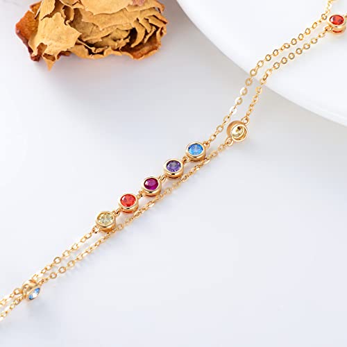14K Gold Chakra Anklet For Women Girls With Colorful Cubic Zirconia, Real Gold Layered Ankle Bracelet Foot Jewelry For Her, 8''-10''(Double Layer) #TOP3