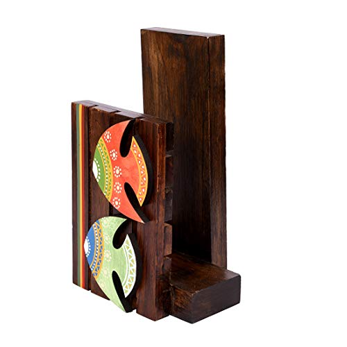 Image of Aakriti Art Creations Madhubani Art Wooden Towel Holder Stand | Handcrafted Wooden | Matte Finish Natural Brown Towel Holder for Bath & Wash Area