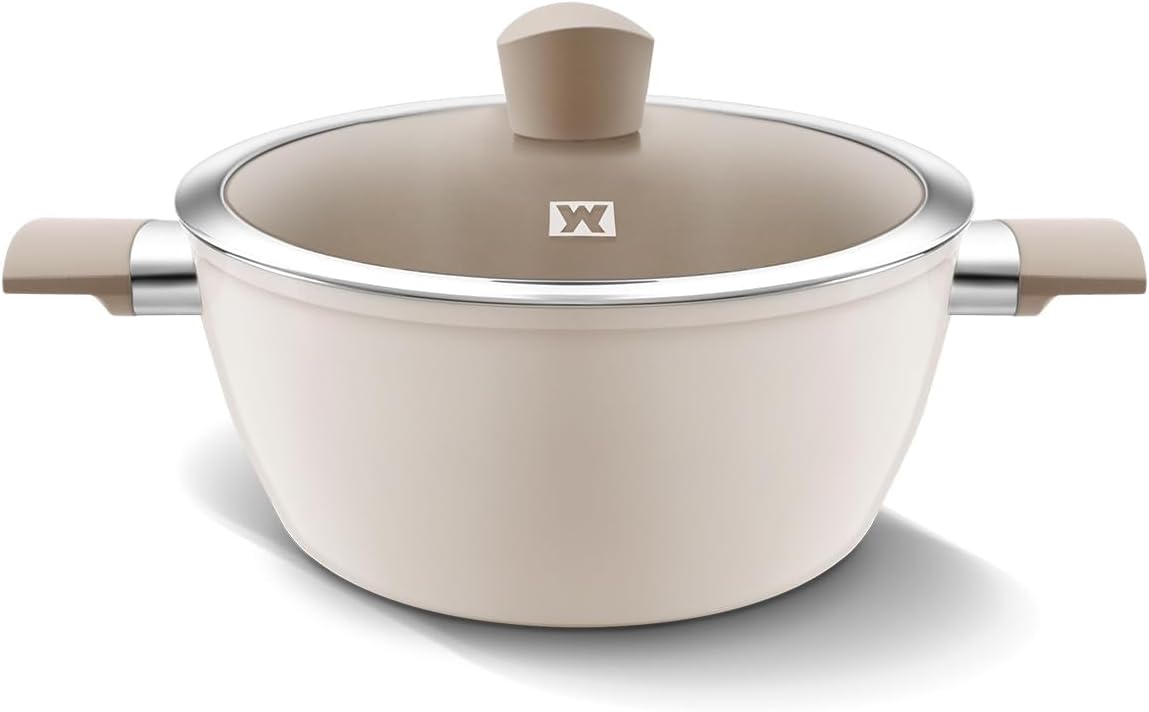 Aluminum Stock Pot with 7-Layered Ceramic Coating, Non-Stick Surface, Tempered Glass Lid, Dual Heat-Resistant Handles, PFOA, PFAS, Lead, Cadmium Free, All Cooktops 5.34L / 5.64Quarts