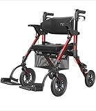 VOCIC 2 in 1 Wheelchair Rollator with Seat, Outdoor Rubber Tyre, Foldable Aluminum Mobility Walker with Brakes, Bag for Senior, 20cm Wheel for All Terrain Transport Chair, 5 Year Support