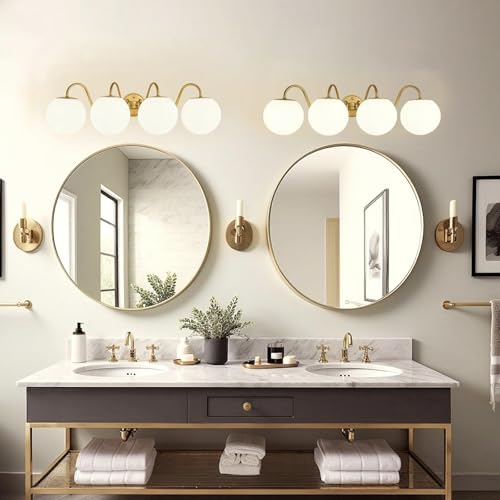 Image of Vintage Brushed Gold Bathroom Vanity Light Fixtures Over Mirror 4 Lights