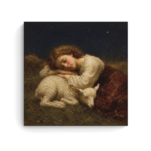 Lienzo decorativo de niña con cordero de 20x20 pulgadas para una decoración moderna y limpia