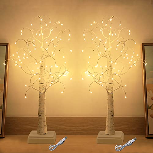 2 Pack White Birch Tree with 72 led Lights 22