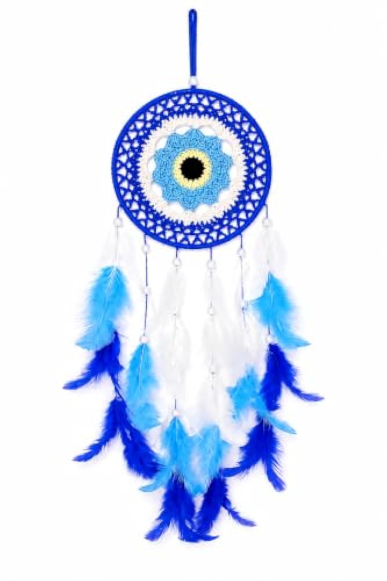 Handmade Blue Dream Catcher Wall Hanging with Feathers & Beads