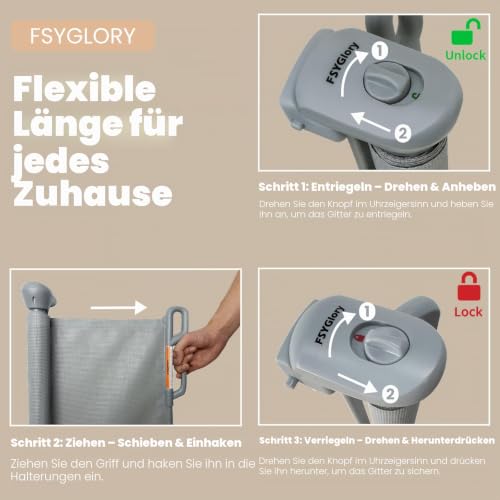 FSYGloryGlides Ausziehbares Sicherheitsgitter für Kinder und Haustiere, 140 cm Breite, 86 cm Höhe, Einfach zu bedienen, Haustierzaun für Treppen, Türen, Flure, Innen- & Außenbereiche