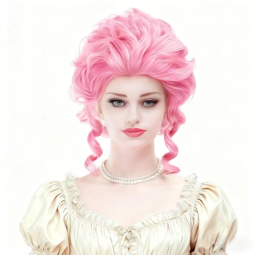 Rugelyss Short Wavy Curly Pink Wig Big Bouffant Beehive Wigs for Women fits 70s 80s Costume or Halloween Vintage Cosplay Party