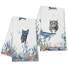 Funny Orange Cats Kitchen Towels, Ocean Housewarming Hand Towels Gifts for Cat Lovers Pet Owner Women Friends, Farmhouse Home Bathroom Dish Tea Towel Decor, Set of 2-14