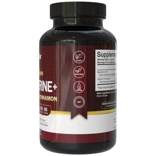 Image of NutriFlair Berberine HCl 1200mg, 120 Capsules - Plus Ceylon Cinnamon, Berberine HCI Root Supplements Pills - Made in USA