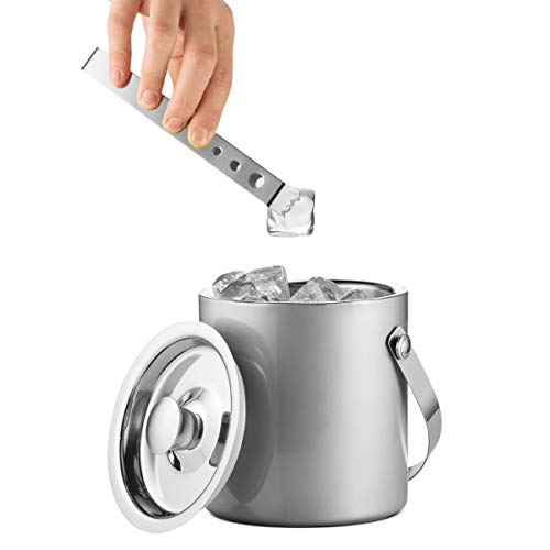 Mitbak Doubled Walled Ice Bucket with Matching Ice Tongs | Sleek Insulated Stainless Steel Ice Holder Will Keep Ice Cubes Frozen for Hours | Elegant Kitchen and Bar Accessories | 1.5L (Silver)