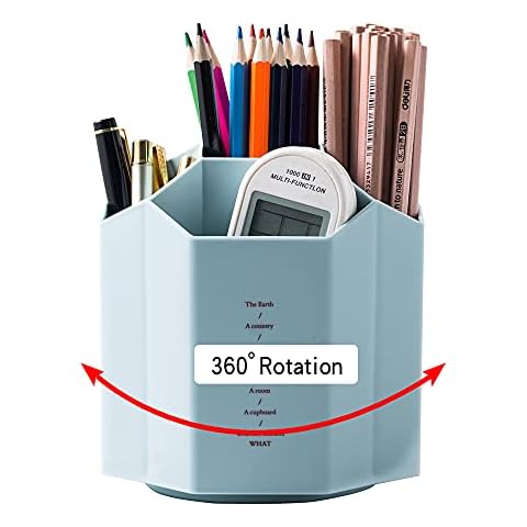 YOSCO Rotating Supply Organiser Desktop Storage Organizer Office Supplies for Pen Holder for Desk Tidy Pencil Cup Pot Pen Holder with 5 Compartments (Blue) Cover