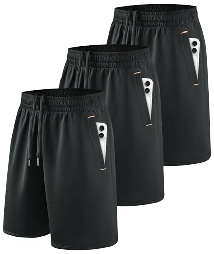Little Beauty 3 Pack Mens Gym Basketball Shorts 9' Fast Dry Running Athletic Shorts with Pockets for Casual Workout Black Black Black L