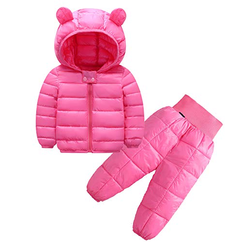 Jamron Little Kid's Winter Snowsuits Lovely Ultralight Hooded Puffer Jacket + High Waist Pants Pink SN071016 1-2 Years