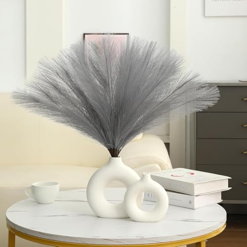 Image of CURATED CART Faux Pampas Grass Set of 3 Small Artificial Flowers for Home Decoration, Office, Bedroom, Living Room, Table Decor and Craft Corner Styling, Grey Color, 41 cm Height, (Without Vase)