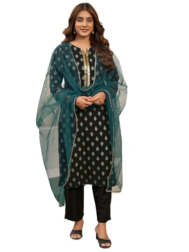 Sanisa Women's Rayon Blend Foil Printed Sequence Work Straight Kurta With Pant And Dupatta Set (182Kbd1944N-S_Black & Tuquoise)