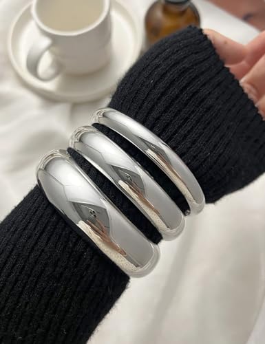 Image of Chunky Gold Bangle Bracelets for Women, Dainty 14k Gold Plated Big Stackable Bangles Set, Trendy Statement Cuff Bracelet Stack Fashion Jewelry Gifts