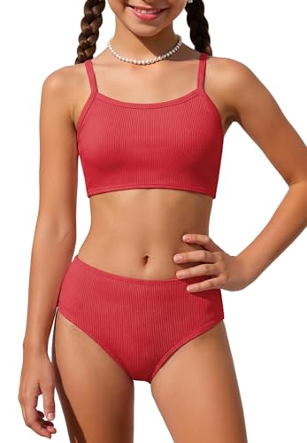Image of Zando 2 Piece Ribbed Swimsuits for Teen Girls Kids Size 6-15 Years High Waisted Solid Cute Bikini for Summer Beach Wear