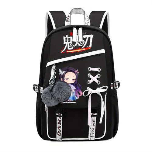 YWOIHL Linda mochila estilo anime para meninas, mochila de desenho animado para adolescentes, estudantes, bolsa escolar moderna com pingente de pompom (preto)