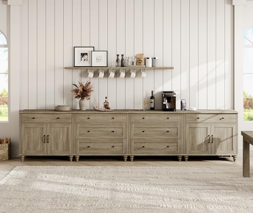 WAMPAT Sideboard Cabinet with 8 Drawers and 4 Doors, Vintage Wood Grain Design, Buffet Cabinet with Storage?Coffee Bar for Dinning Room, Kitchen and Living Room, Wash Grey