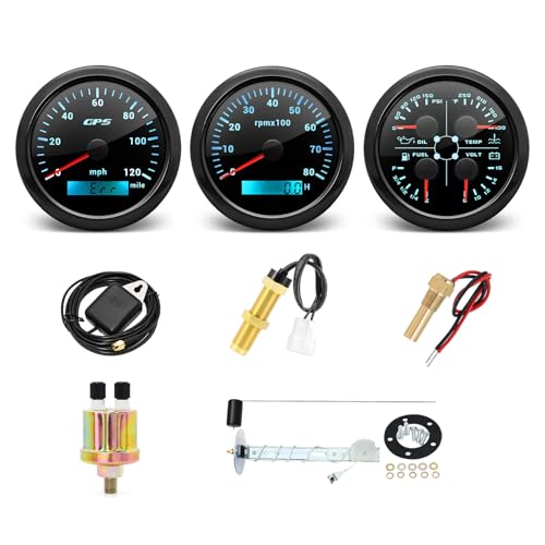 ARTILAURA Boat AUTO 3 Gauge Set- GPS Speedometer, Tachometer,4in1 Fuel Level/Water Temperature/Oil Pressure/Voltmeter, 85mm 7 Color Marine Gauges Kit (All Black)
