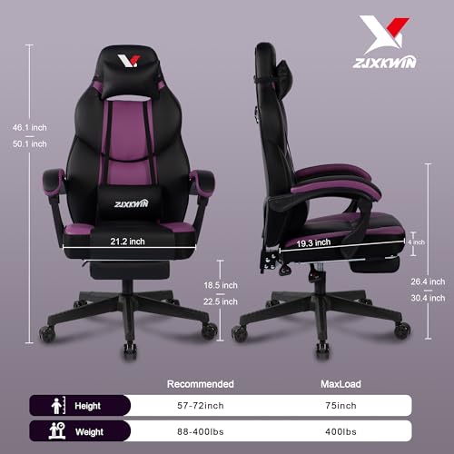 Image of Big and Tall Gaming Chair 400lbs with Footrest - Heavy Duty Ergonomic Computer Office Chair for Adults, Wide Desk Chair with Pocket Spring Cushion & Linkage Armrests Purple