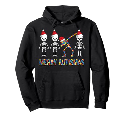 Autism Awareness Gifts Xmas Merry Autismas Skeleton Dabbing Pullover Hoodie