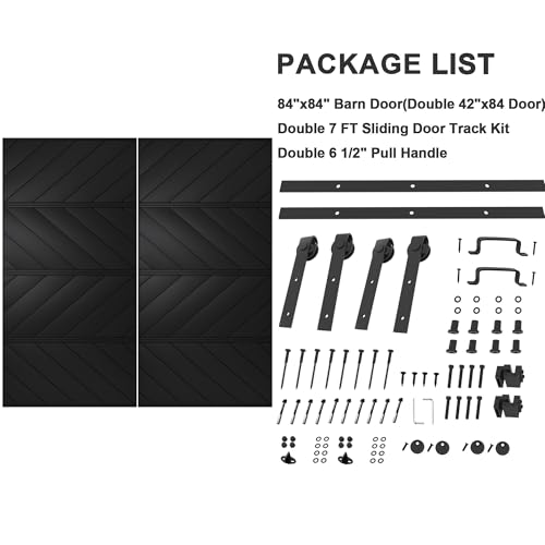 Image of 84 inchx84 inch Black Barn Door with 14FT Sliding Door Kit & Handle & Floor Guide | Pre-Drill Holes Double Barn Door For Easy Assembly, Solid Core Wood Sliding Barn Door for Water-Resistant & Sound Reduction
