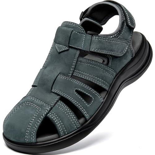 Mens Fisherman Leather Closed Toe Sandals Adjustable Comfortable Walking Dress Casual Sandalias Whith Memory Foam Summer Outdoor Athletic Grey