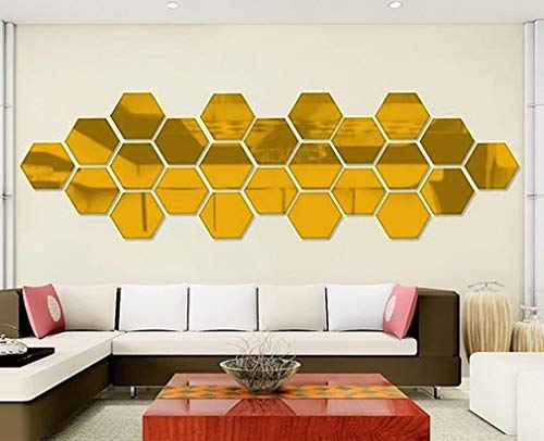 Mirror Wall Stickers Set, Hexagon Mirror Removable Art Diy Home Decorative Hexagonal Acrylic Sheet Plastic Tiles Home Living Room Bedroom Sofa Tv Background Wall Decal Decoration (12_Pcs, Gold) #TOP2