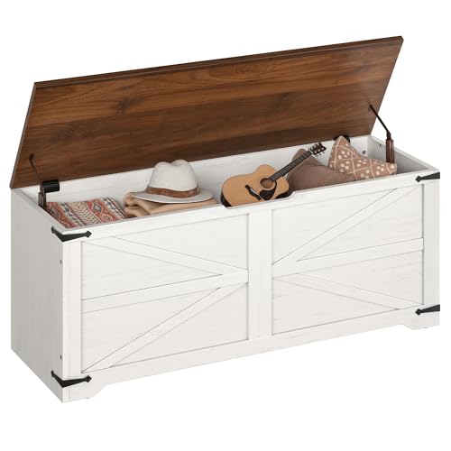 DWVO Storage Bench, 47.2" Farmhouse Storage Chest with 2 Safety Hinges, Wooden Utility Organizer, Shoe Bench for Entryway, Bedroom, Living Room, White and Walnut