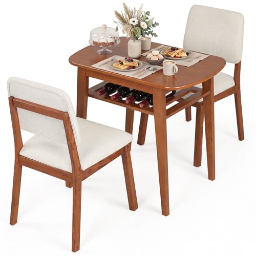 Giantex Dining Table Set for 2 Space Saving Kitchen Table and Chairs Set w/Rubber Wood Frame Storage Rack Padded Seats & Backrests Dinette Set for Small Space Apartment Dining Room Walnut