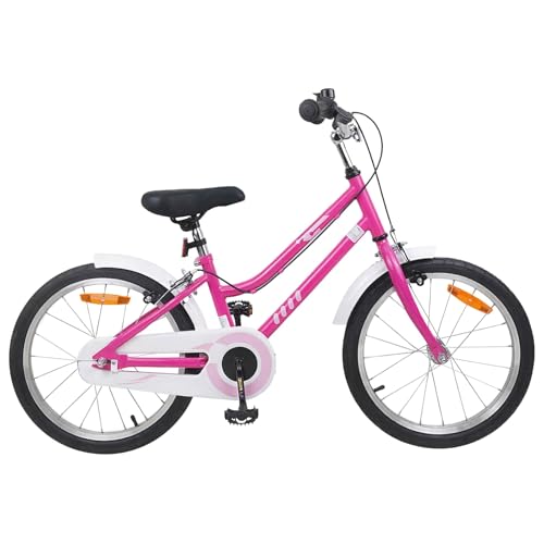 Runheo Bicicleta infantil de 18 pulgadas de acero rosa y blanco con freno de llanta y guardabarros para 5 – 7 años, sillín telescópico ajustable, bicicleta de dos ruedas ligera para viajes al aire